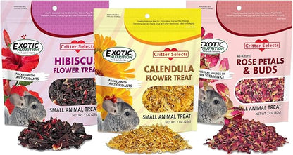 Exotic Nutrition Flower Treat 3 Pack - Healthy Assortment - Hibiscus, Calendula, Rose - for Squirrels, Guinea Pigs, Rabbits, Chinchillas, Prairie Dogs, Degus, Hamster, Gerbils, &amp; Other Herbivores