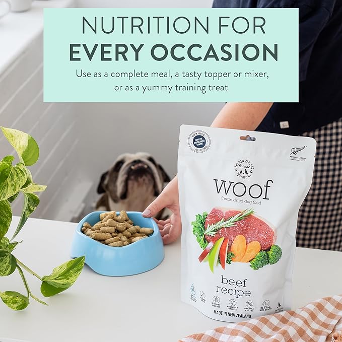 WOOF Freeze Dried Dog Food - Beef Recipe, High Protein Freeze Dried Dog Treats, Dog Food Topper &amp; Meal, 2.2 lb