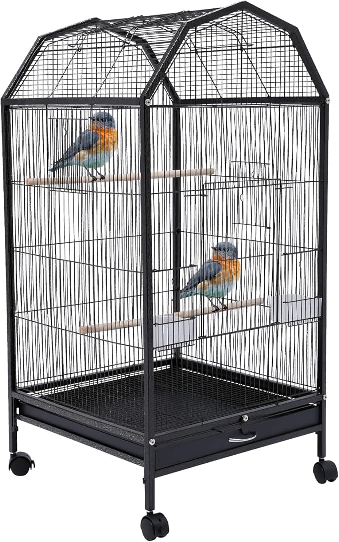 40-Inch Wrought Iron Bird Cage with Open-Top and Rolling Stand, Movable Parrot Cage Pet Bird Flight Cage, 360 Degree View Spacious Interactive Roof Pet Bird House for Medium&amp;Small Birds