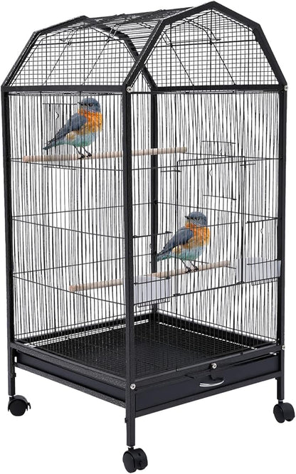 40-Inch Wrought Iron Bird Cage with Open-Top and Rolling Stand, Movable Parrot Cage Pet Bird Flight Cage, 360 Degree View Spacious Interactive Roof Pet Bird House for Medium&amp;Small Birds