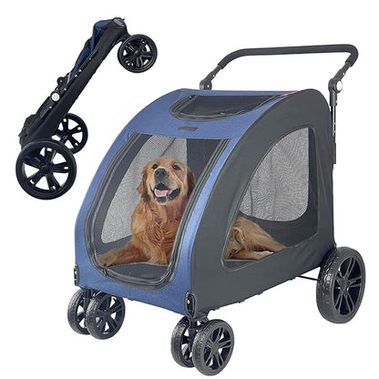 Extra Large Dog Stroller for Medium &amp; Large Pets - Foldable Design, Adjustable Handle, Up to 130 lbs(Blue)