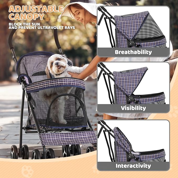 Magshion Compact Pet Stroller for Small-Medium Dogs/Cats up to 22lbs, 4-Wheel Lightweight Umbrella Shaped Portable Puppy Travel Jogger with Breathable Mesh &amp; Rear Storage, Plaid