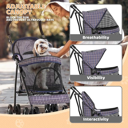 Magshion Compact Pet Stroller for Small-Medium Dogs/Cats up to 22lbs, 4-Wheel Lightweight Umbrella Shaped Portable Puppy Travel Jogger with Breathable Mesh &amp; Rear Storage, Plaid