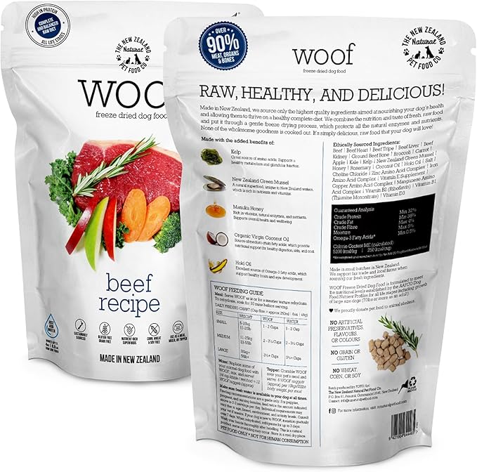 WOOF Freeze Dried Dog Food - Beef Recipe, High Protein Freeze Dried Dog Treats, Dog Food Topper &amp; Meal, 2.2 lb