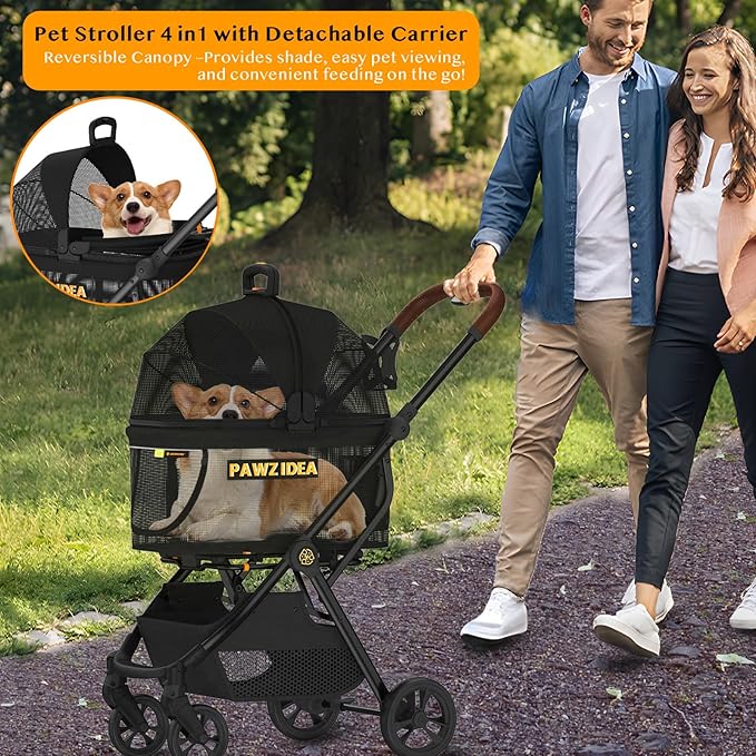 PAWZIDEA Dog Stroller 4 in 1, Pet Stroller for Cats with Detachable Carrier for Small/Medium Dogs/Cats, Seatbelt Car Seat Combo, Cozy House, Foldable &amp; Lightweight Jogger Strollers, Storage Basket