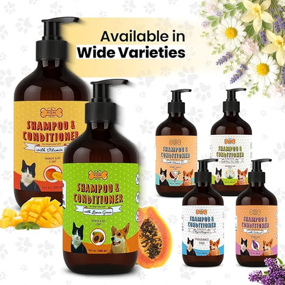 POM Pets 2 Pack 2-in-1 Organic Dog Shampoo &amp; Conditioner – Itchy Skin Relief, Dog Deshedding, Detangles Fur, Cat Shampoo, Paw Cleaner for Dogs, Natural Coat Defense Formula