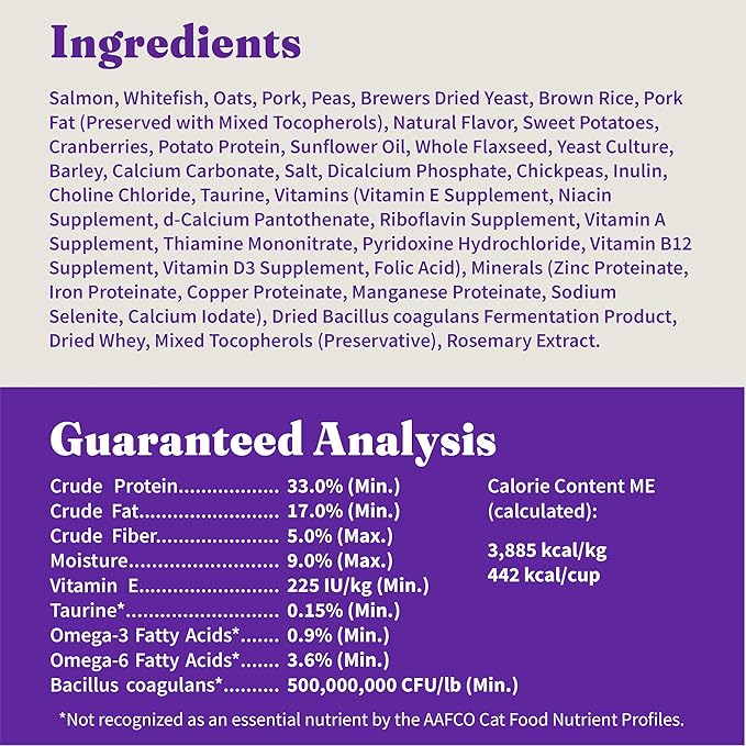 Halo Holistic Cat Food Wild Caught Salmon &amp; Whitefish Formula, Healthy Grains Dry Cat Food, Complete Digestive Health, Kibble for Adult Cats, 3 lb Bag