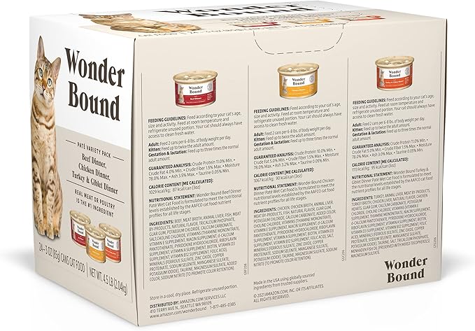 Amazon Brand - Wonder Bound Wet Cat Food, Pate, No Added Grain, Variety Pack (Beef/Chicken/Turkey &amp; Giblet), 3 ounce (Pack of 24)
