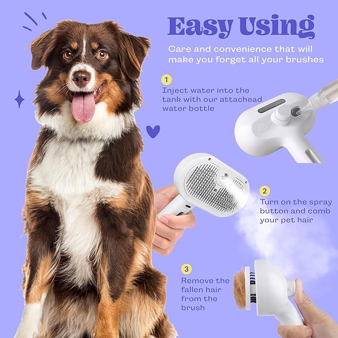 Rechargeable Silicone 3 in 1 Pet Hair Removal Tool - Self Cleaning Steamy Brush for Massage, Shedding &amp; Grooming - Cat &amp; Dog Hair Remover