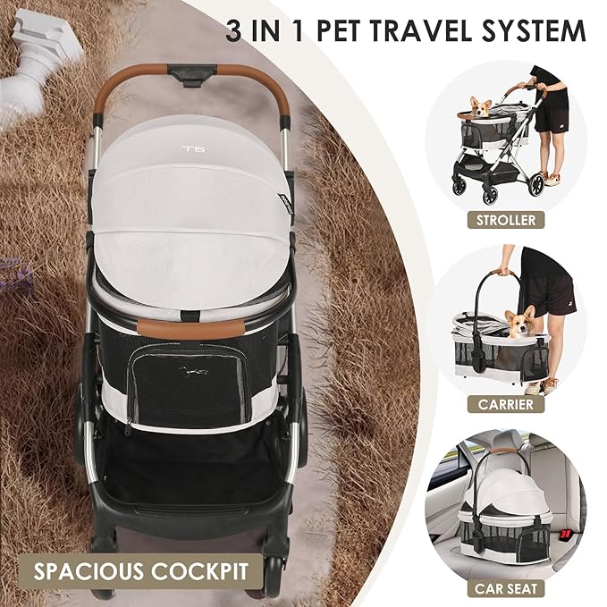 T6 Luxury Pet Stroller for Medium Dogs Up to 66lbs or 2 Small Pets – 3-in-1 Dog &amp; Cat Stroller with Removable Carrier, Foldable &amp; Lightweight (Beige &amp; Net Wall)