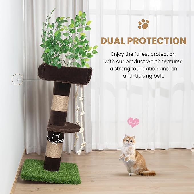 SHA CERLIN 55 Inches Cat Tree Tower with Leaves/Cozy Perches with Scratching Post for Indoor Kittens and Adults Cats/Sisal Rope and Simulated Lawn with Wide Base/Brown &amp; Green