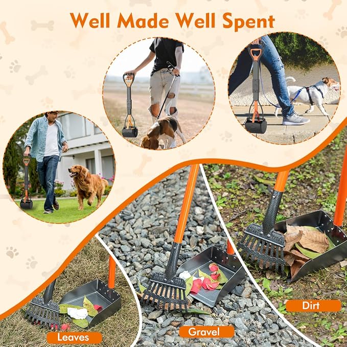 28" Pooper Scooper and 38" Heavy Duty Stainless Steel Rake &amp; Tray Set, 3 in 1 Portable Dog Pooper Scooper Set for Large Medium Small Dogs in Grass, Dirt or Gravel