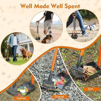 28" Pooper Scooper and 38" Heavy Duty Stainless Steel Rake &amp; Tray Set, 3 in 1 Portable Dog Pooper Scooper Set for Large Medium Small Dogs in Grass, Dirt or Gravel