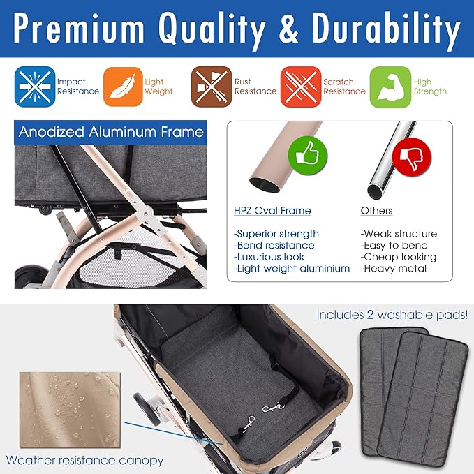 HPZ-PR America Pet Rover Lite Premium Light-Weight Dog/Cat/Pet Stroller Travel Carriage with Convertible Compartment/Aluminum Frame for Small &amp; Medium Pets (Taupe 2nd-Gen.)
