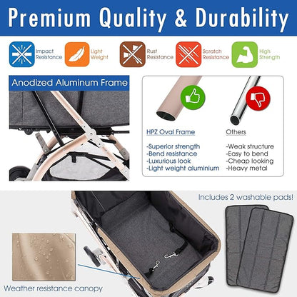 HPZ-PR America Pet Rover Lite Premium Light-Weight Dog/Cat/Pet Stroller Travel Carriage with Convertible Compartment/Aluminum Frame for Small &amp; Medium Pets (Taupe 2nd-Gen.)