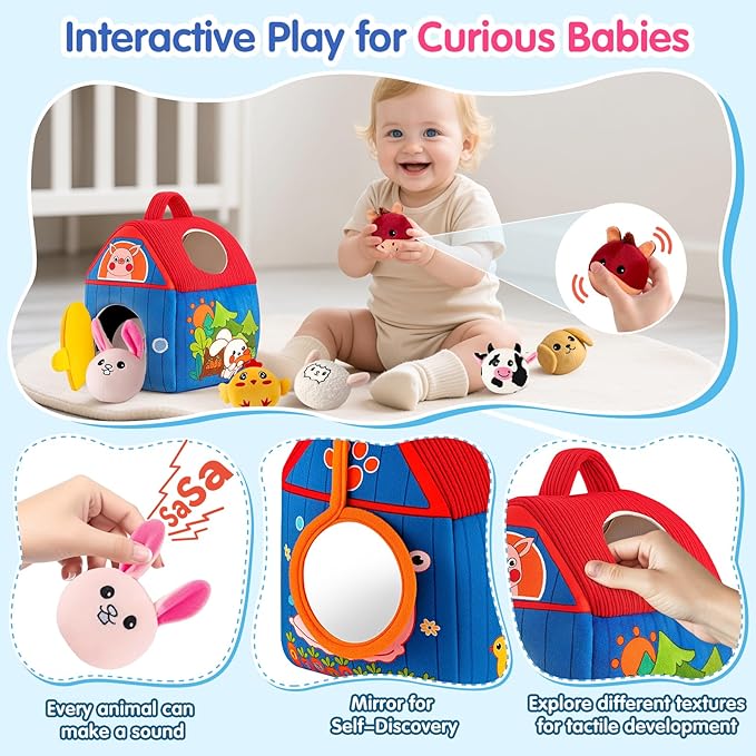 Baby Toys 6-12 Months, Barn with Stuffed Farm Animals, Montessori Toy for Babies, Sensory Toys for Toddlers 1-3, Portable Baby Farmhouse Toy, Birthday Gift for Infants &amp; Toddlers