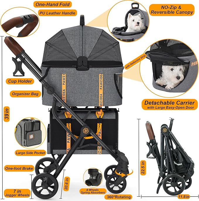 PAWZIDEA Double Pet Stroller with 2 Detachable Carriers, Portable Dog Crate for Car Travel &amp; TSA-Approved Expandable Cat Carrier, Foldable Lightweight Jogger Stroller for 2–4 Cats or Small/Medium Dogs