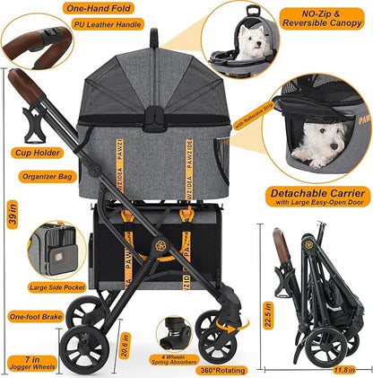 PAWZIDEA Double Pet Stroller with 2 Detachable Carriers, Portable Dog Crate for Car Travel &amp; TSA-Approved Expandable Cat Carrier, Foldable Lightweight Jogger Stroller for 2–4 Cats or Small/Medium Dogs