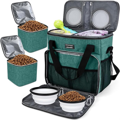 BAGLHER Pet Travel Set Airline-Approved Carrier for Small/Medium Cats &amp; Dogs + Travel Bag with Food Containers &amp; Silicone Bowls, Grey &amp; Green