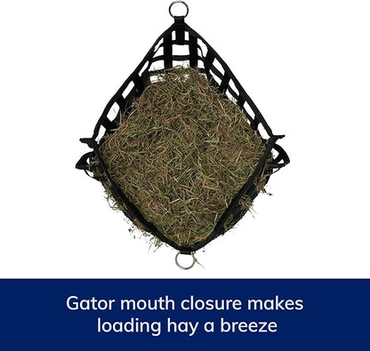 SmartEquine Slow Feed Hay Bag for Horses | Hay Feeder Net with Resistant Nylon | Gator Mouth Enclosure for Easy Loading | Fits 10-15 lbs of Hay | 4 Flakes Bag | 37" x 30" | Black | 1.5" Holes