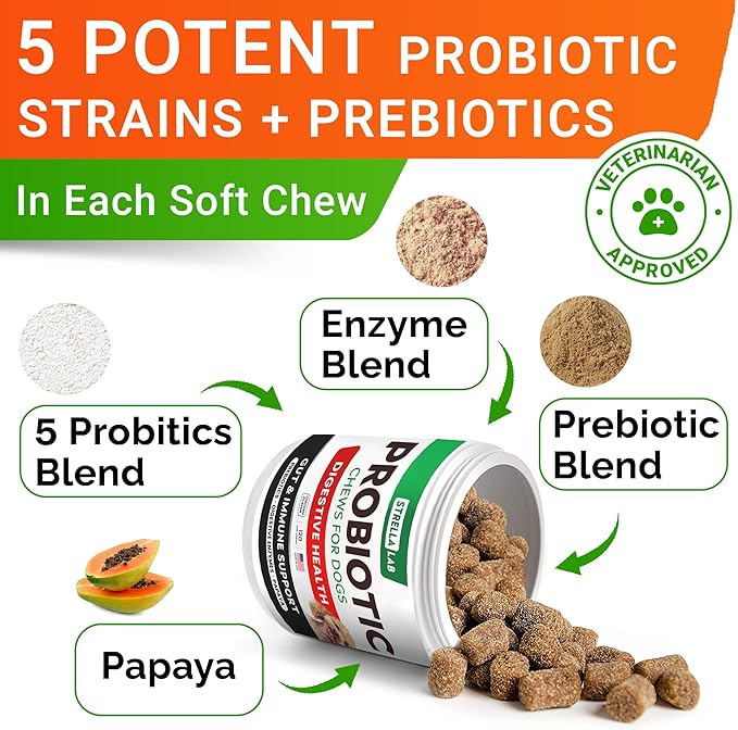 STRELLALAB Pet Probiotics for Dogs &amp; Digestive Enzymes + Digestion &amp; Gut Health Treats, Dog Probiotics Chews, Fiber Supplement, Anti Diarrhea, Constipation, Upset Stomach&amp;Gas Relief, Canine Prebiotic