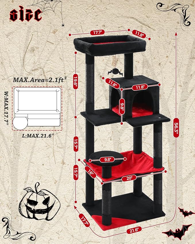 Gothic Cat Tree with Super Large Hammock, 56.3" Black Cat Tower with Coffin Bed, Cat Condo, Sisal Scratching Posts &amp; Top Perch, Multi-Level Goth Cat Tree, Halloween, Black