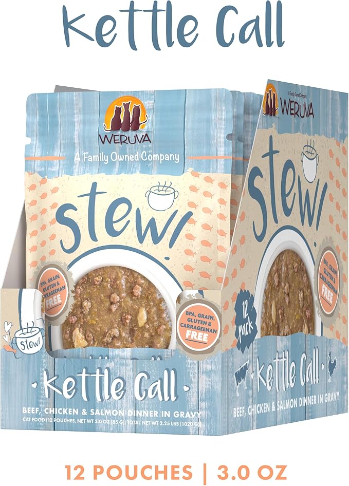 Weruva Classic Cat Stews!, Kettle Call with Beef, Chicken &amp; Salmon in Gravy, 3oz Pouch (Pack of 12)