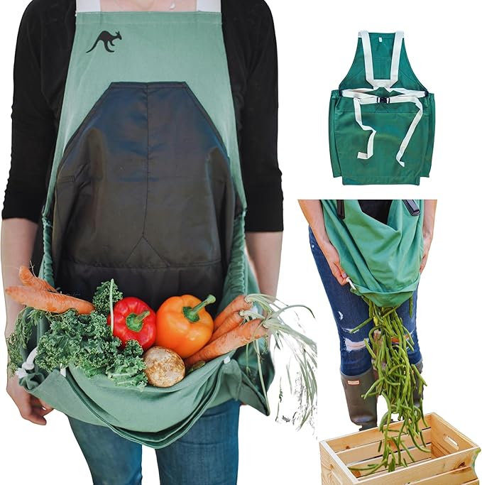 Roo Gardening Apron with Pockets &amp; Harvesting, Picking Pouch - Adjustable, Water-resistant, Washable Canvas Cotton
