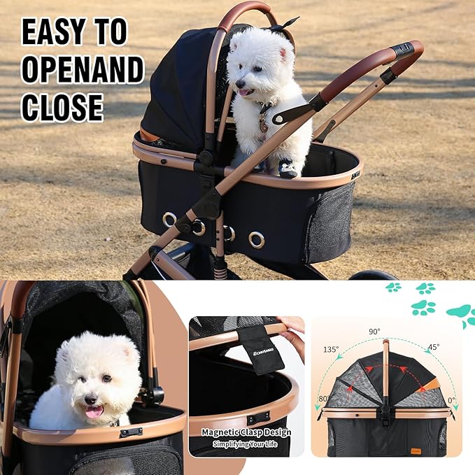 EchoSmile 4 in 1 Pet Stroller, Folding Lightweight Cat &amp; Dog Stroller with Detachable Carrier, NO-Zip 180° Reversible Canopy, All Terrain 4-Wheel,45 lbs Capacity for Small to Medium Dogs