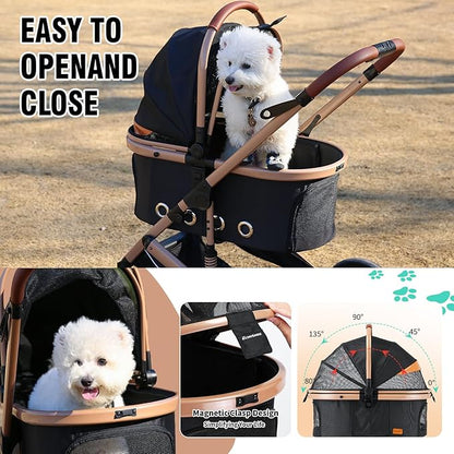 EchoSmile 4 in 1 Pet Stroller, Folding Lightweight Cat &amp; Dog Stroller with Detachable Carrier, NO-Zip 180° Reversible Canopy, All Terrain 4-Wheel,45 lbs Capacity for Small to Medium Dogs