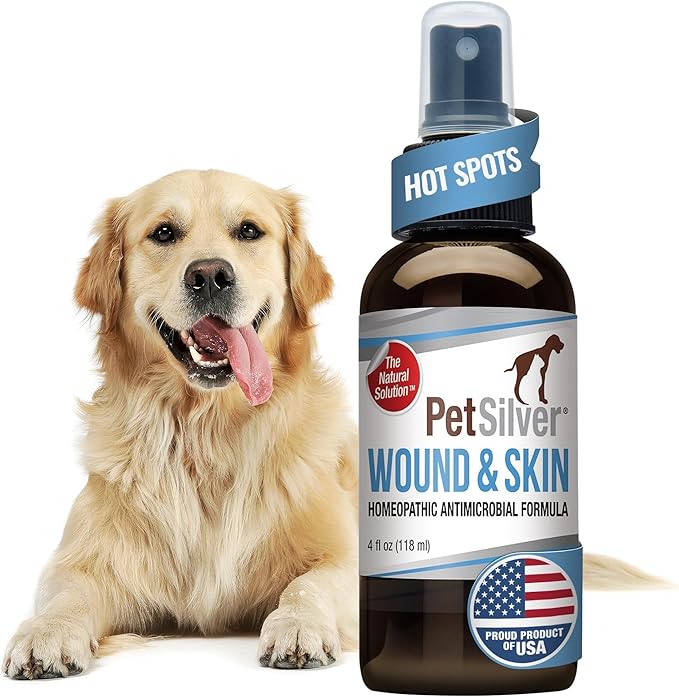 PetSilver Wound &amp; Skin Spray - Dog Wound Spray, Hot Spot, Allergy Relief for Dogs, Itch Spray for Cats - Natural Skin Soother - Chelated Silver, Superior to Colloidal Silver - Made in USA - 4 fl oz