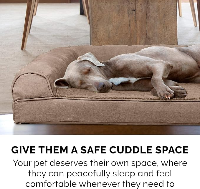 Furhaven Cooling Gel Dog Bed for Large Dogs w/ Removable Bolsters &amp; Washable Cover, For Dogs Up to 125 lbs - Plush &amp; Suede Sofa - Almondine, Jumbo Plus/XXL
