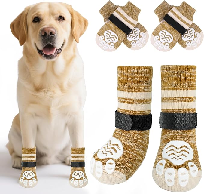 PUPTECK Non-Slip Dog Socks to Prevent Licking Paws, Double Sides Dog Boots &amp; Paw Protectors Booties Traction on Hardwood Floors Hot Pavement with Grippers, for Small Medium Large Senior Dogs, Khaki L