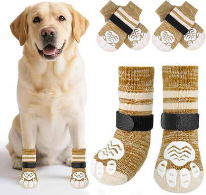 PUPTECK Non-Slip Dog Socks to Prevent Licking Paws, Double Sides Dog Boots &amp; Paw Protectors Booties Traction on Hardwood Floors Hot Pavement with Grippers, for Small Medium Large Senior Dogs, Khaki L
