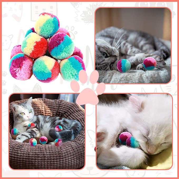 Rainbow Cat Toy Kit - 20PCS Soft Pom Pom Balls for Indoor Cat Play &amp; Exercise
