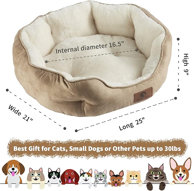 Asvin Medium Dog Bed for Medium Dogs, Cat Beds for Indoor Cats, Pet Bed for Puppy and Kitty, Extra Soft &amp; Machine Washable with Anti-Slip &amp; Water-Resistant Oxford Bottom, Light Brown, 25 inches