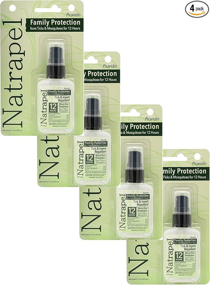 Natrapel Tick &amp; Insect Repellent - Bug Spray with 20% Picaridin - Family Protection Against Mosquitoes, Ticks &amp; More - Up to 12 Hours of Protection - 1 oz (4 Pack)