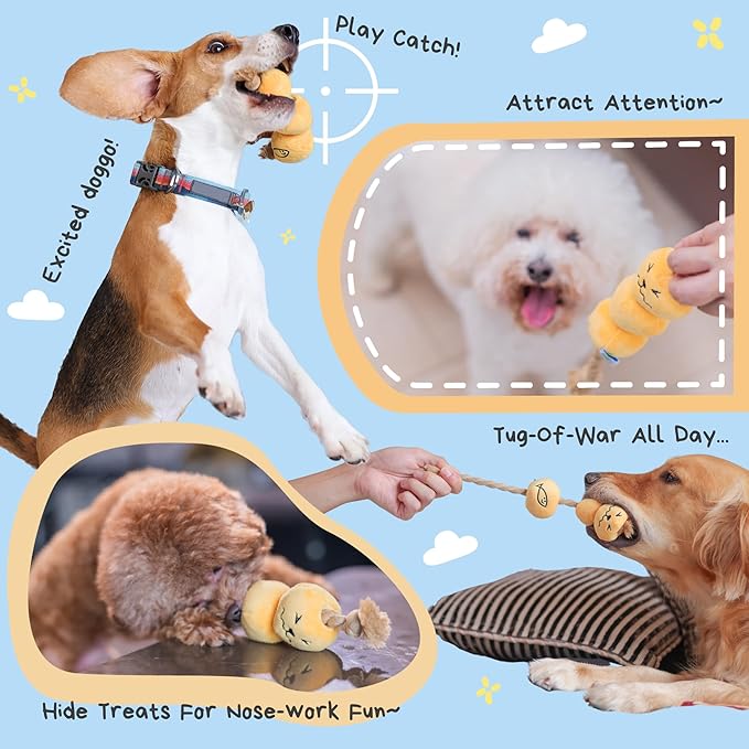 Curry Fishball Soft Plush Squeaky Dog Pull Toy - Durable, Iconic, Cute &amp; Fun Rope Toy for Interactive Bonding Time, Sliding Mechanism, Hide Food for Puzzle Play, Small Medium Dogs