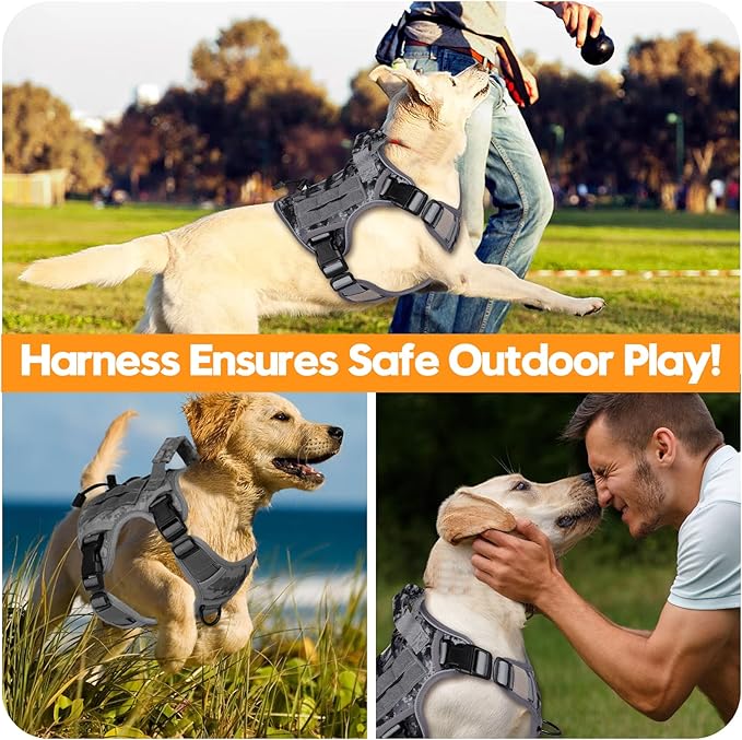 Heavy-Duty Tactical Dog Harness for Large Dogs, No Pull Adjustable Reflective Pet Vest with Molle System, K9 Military-Grade Control for Service Training, Outdoor &amp; 10+ Breeds, Gray Camo, Medium
