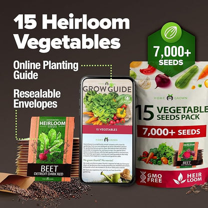 HOME GROWN 𝗨𝗦𝗔 𝗣𝗥𝗘𝗠𝗜𝗨𝗠 15 Heirloom Vegetable Seeds 7,000+ 𝗡𝗢𝗡-𝗚𝗠𝗢 Seeds for Planting, Survival Garden Pack for Preppers, Emergency Bugout Gear, Indoor Outdoor Vegetable Gardening Kit