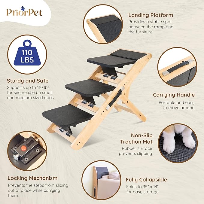 Dog Steps for Bed &amp; Couch 2-in-1 Dog Stairs/Ramp - Height Adjustable Dog Ramp for Couch 7” - 20” - Pet Stairs, Dog Stairs for Small Dogs - Easy to Move Pet Steps with Landing Platform, Natural