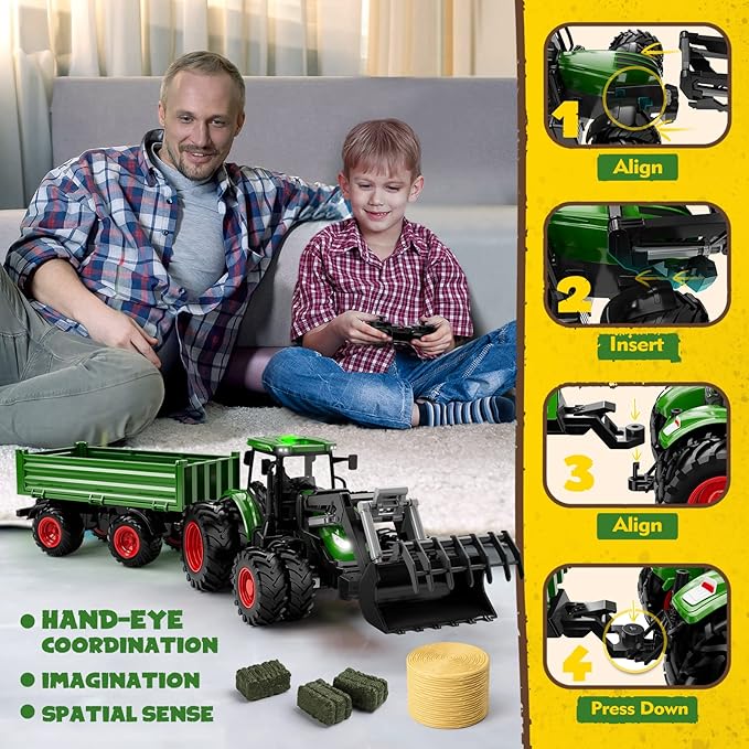 Remote Control Tractor Toy, Kids RC Tractor Set &amp; Truck and Trailer Front Loader - Metal Car Head/8 Wheel/Light, Toddlers Farm Vehicle Toys for 3 4 5 6 7 8 9 Year Old Boys Girls Birthday Gift
