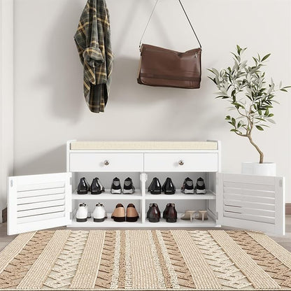 Shoe Storage Bench with 2 Drawers &amp; 2 Doors, Entryway Bench with Cushion, 2 Adjustable Shelves, Shoe Cabinet for Entryway, Living Room, Hallway, Mudroom, Bedroom, White