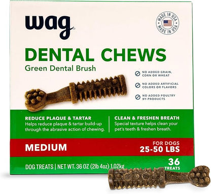 Amazon Brand - Wag Dental Dog Treats to Help Clean Teeth &amp; Freshen Breath - Medium, Unflavored, 36 Count (Pack of 1)