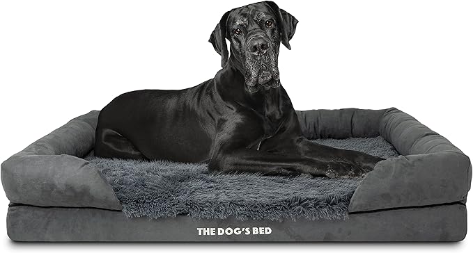 The Dog’s Bed, XXL Grey Fur Memory Foam, Pain Relief: Arthritis, Hip &amp; Elbow Dysplasia, Post Surgery, Lameness, Supportive, Calming, Waterproof, Washable Cover, Veterinary Approved