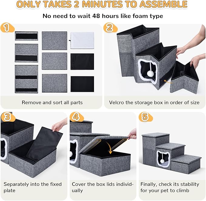 Bilibrara Dog Stairs for Small Dogs, Foldable Pet Steps for High Bed, Non-Slip 3-Step Cat Stairs with Storage, Condo and Fluffy Ball, Small Dog Indoor Ramp for Couch Window, 16&