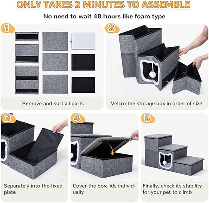Bilibrara Dog Stairs for Small Dogs, Foldable Pet Steps for High Bed, Non-Slip 3-Step Cat Stairs with Storage, Condo and Fluffy Ball, Small Dog Indoor Ramp for Couch Window, 16&