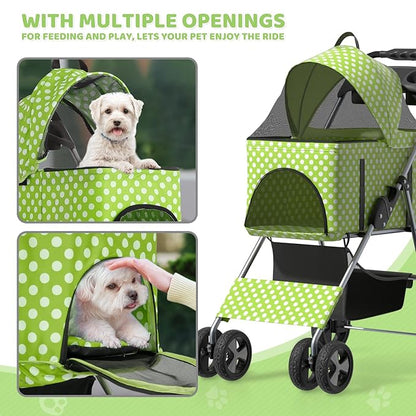 Magshion Foldable Pet Stroller, 3-in-1 Dog Travel Jogger with Detachable Carrier, Cup Holder, Storage Basket, Folding Carrier for Small/Medium Dogs &amp; Cats Up to 33 lbs, Lawn Green Polka Dots