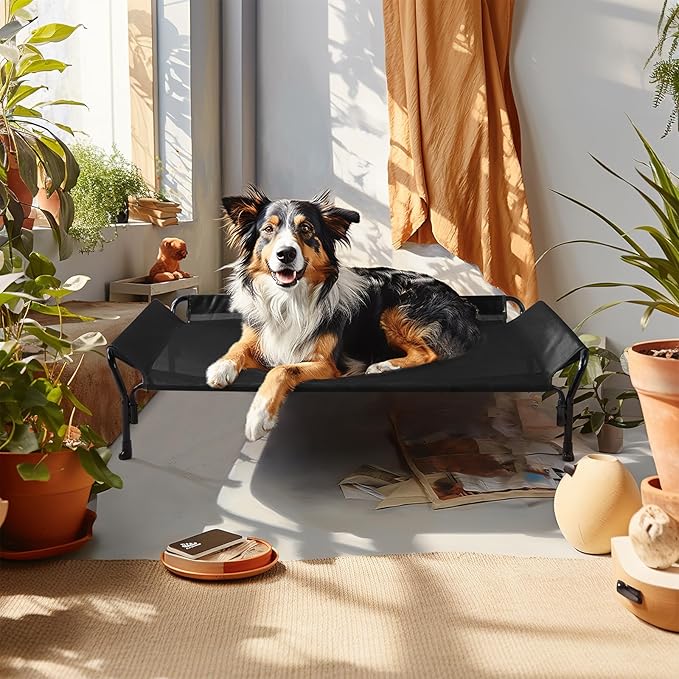 Veehoo Cooling Elevated Dog Bed, Raised Pet Cot with Guardrail &amp; Slope Headrest, Durable &amp; Breathable Teslin Mesh, Non-Slip Feet, Washable Dog Sofa Bed for Indoor &amp; Outdoor, Large 47" x 32", Black