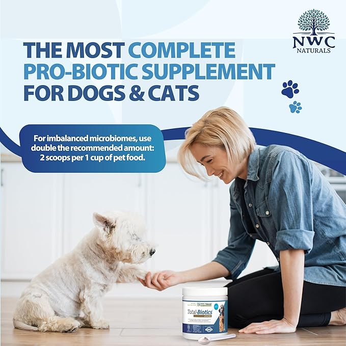 NWC Naturals Total-Biotics, Cat &amp; Dog Probiotics for Digestive Health with Prebiotic, Unflavored Probiotic for Dogs &amp; Cats, Supplement for Gut, Skin, Coat, Stomach Relief, 100 Servings, 2.22 Ounces